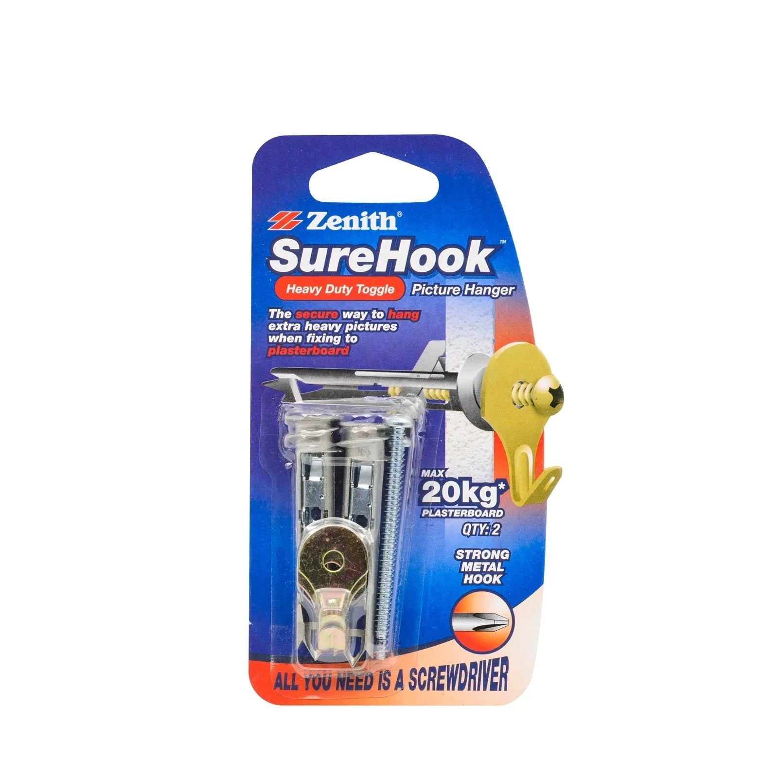 Zenith 20kg ZP SureHook Heavy Duty Toggle Picture Hanger - 2 Pack