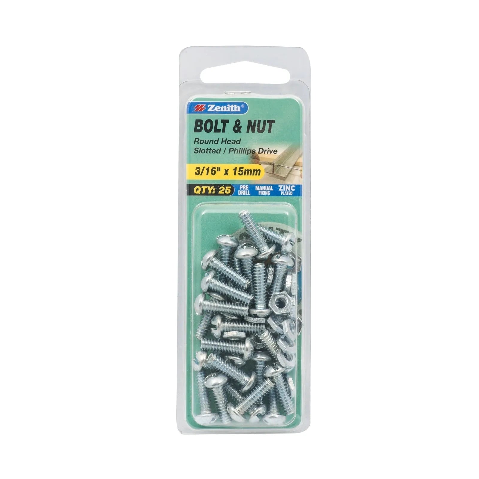 Zenith 3/16" x 15mm ZP Round Head Bolt & Nut - 25 Pack