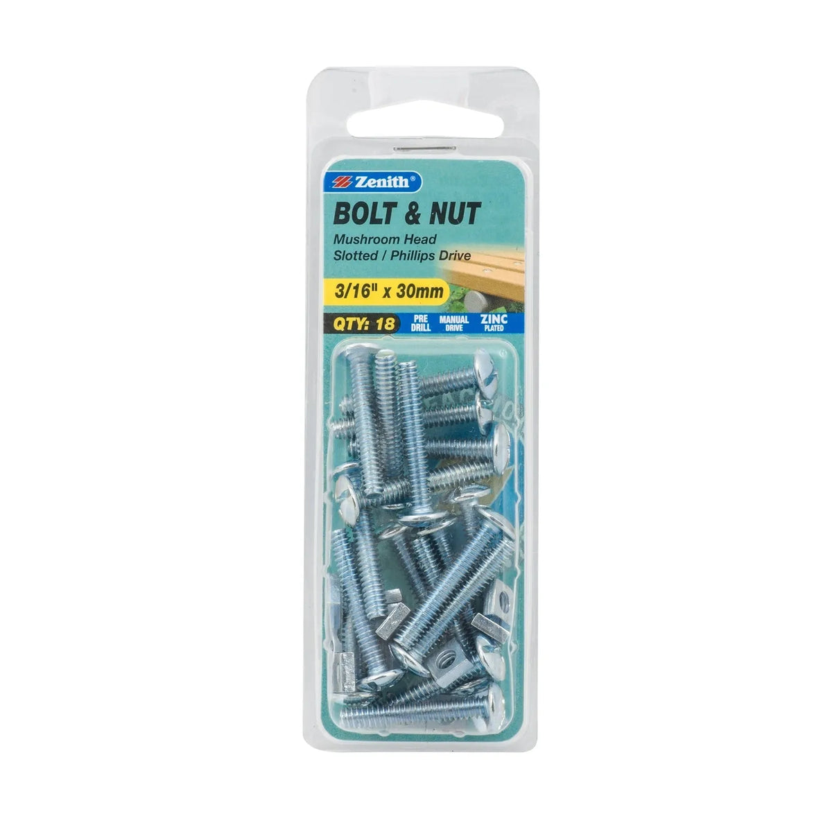 Zenith 3/16" x 30mm ZP Mushroom Head Bolt & Nut - 18 Pack