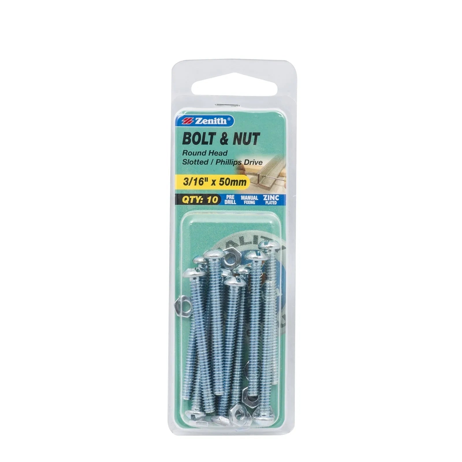 Zenith 3/16" x 50mm ZP Round Head Bolt & Nut - 10 Pack