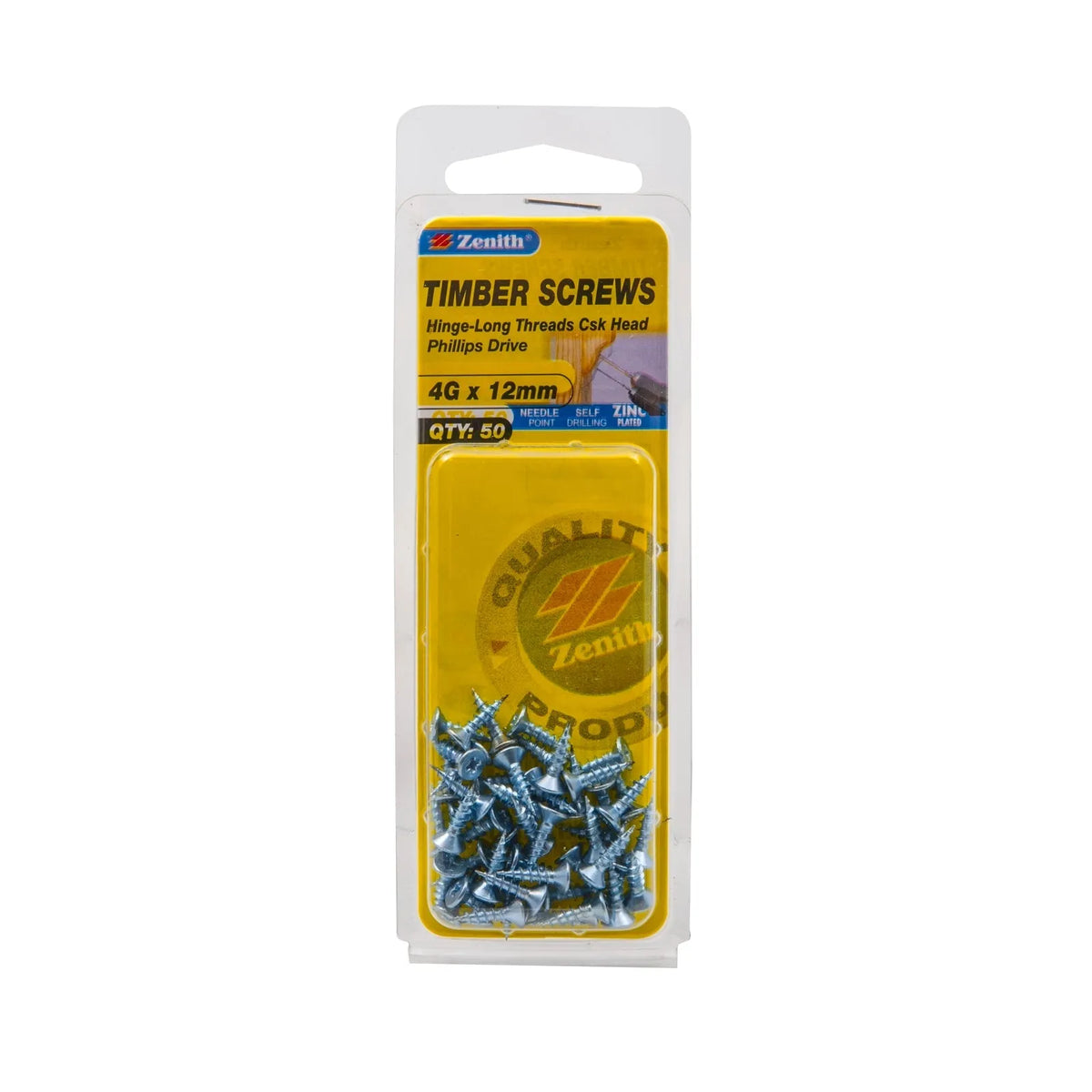 Zenith 4G x 12mm ZP Hinge-Long Threads Countersunk Head Timber Screws - 50 Pack