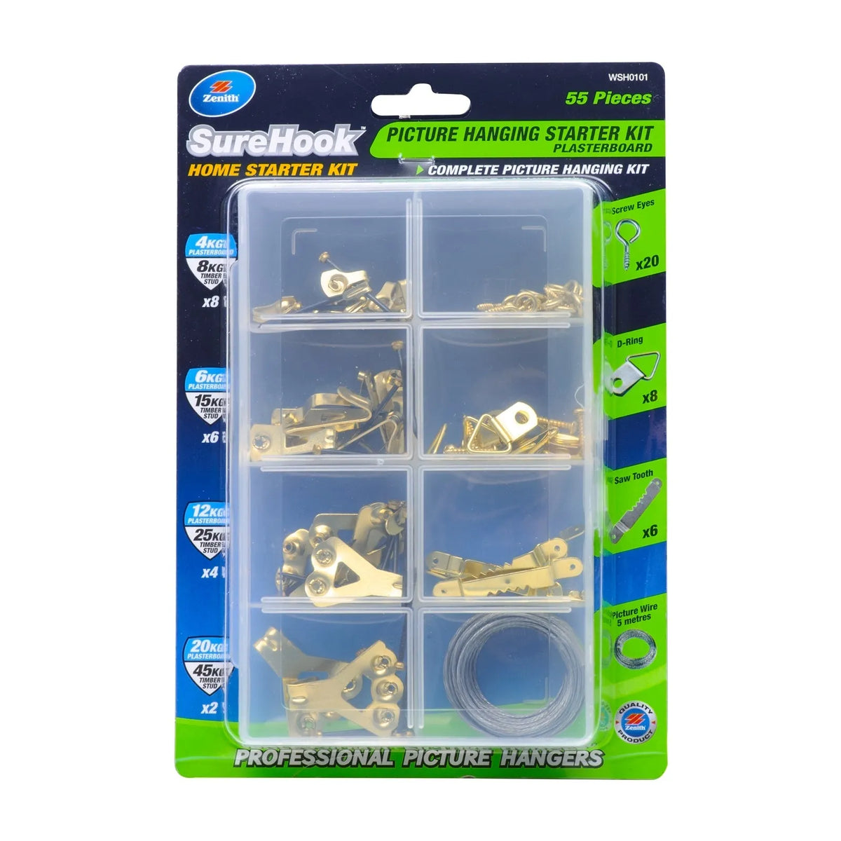 Zenith 4/45kg Brass Plated SureHook 55 Piece Plasterboard Picture Hanging Starter Kit
