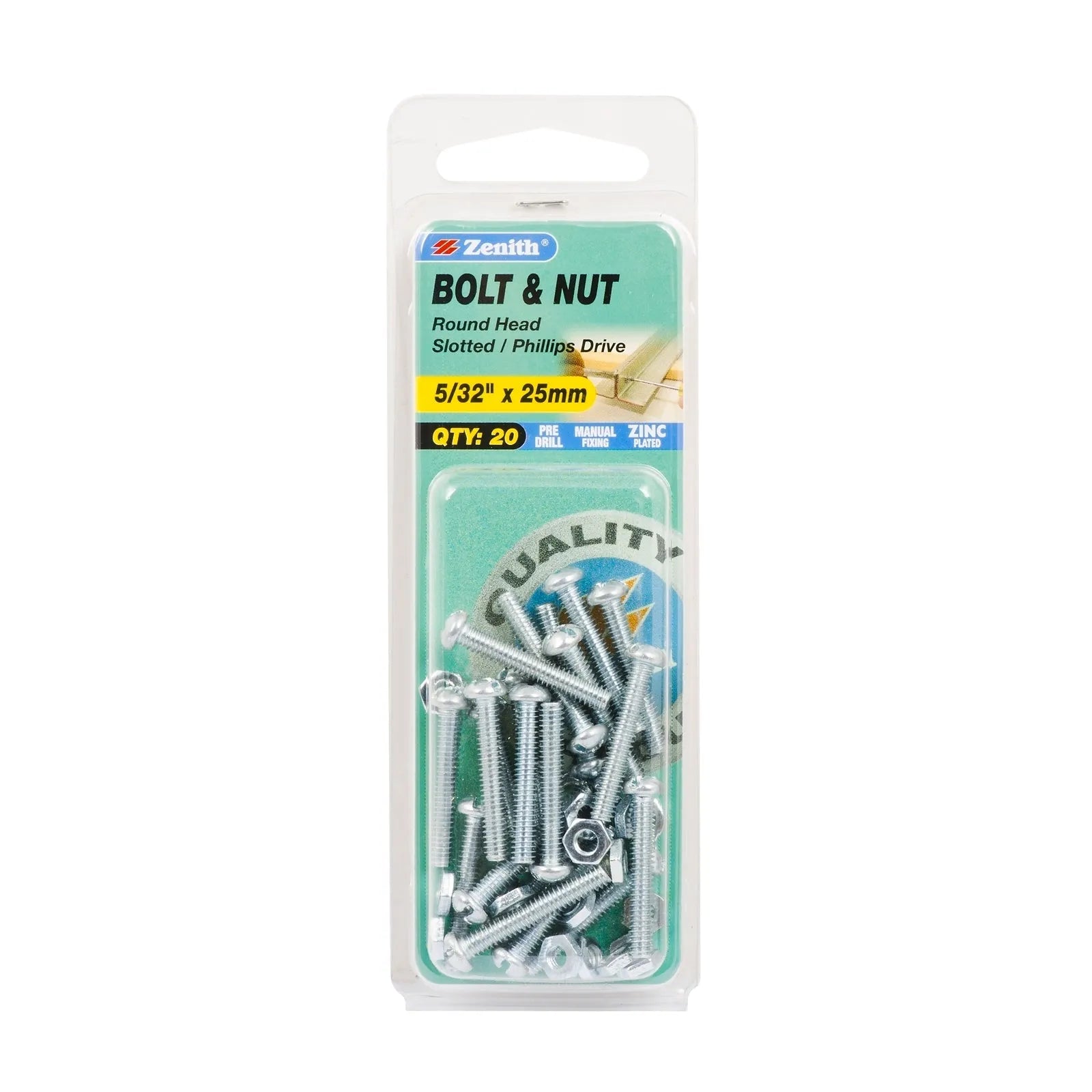 Zenith 5/32" x 25mm ZP Round Head Bolt & Nut - 20 Pack