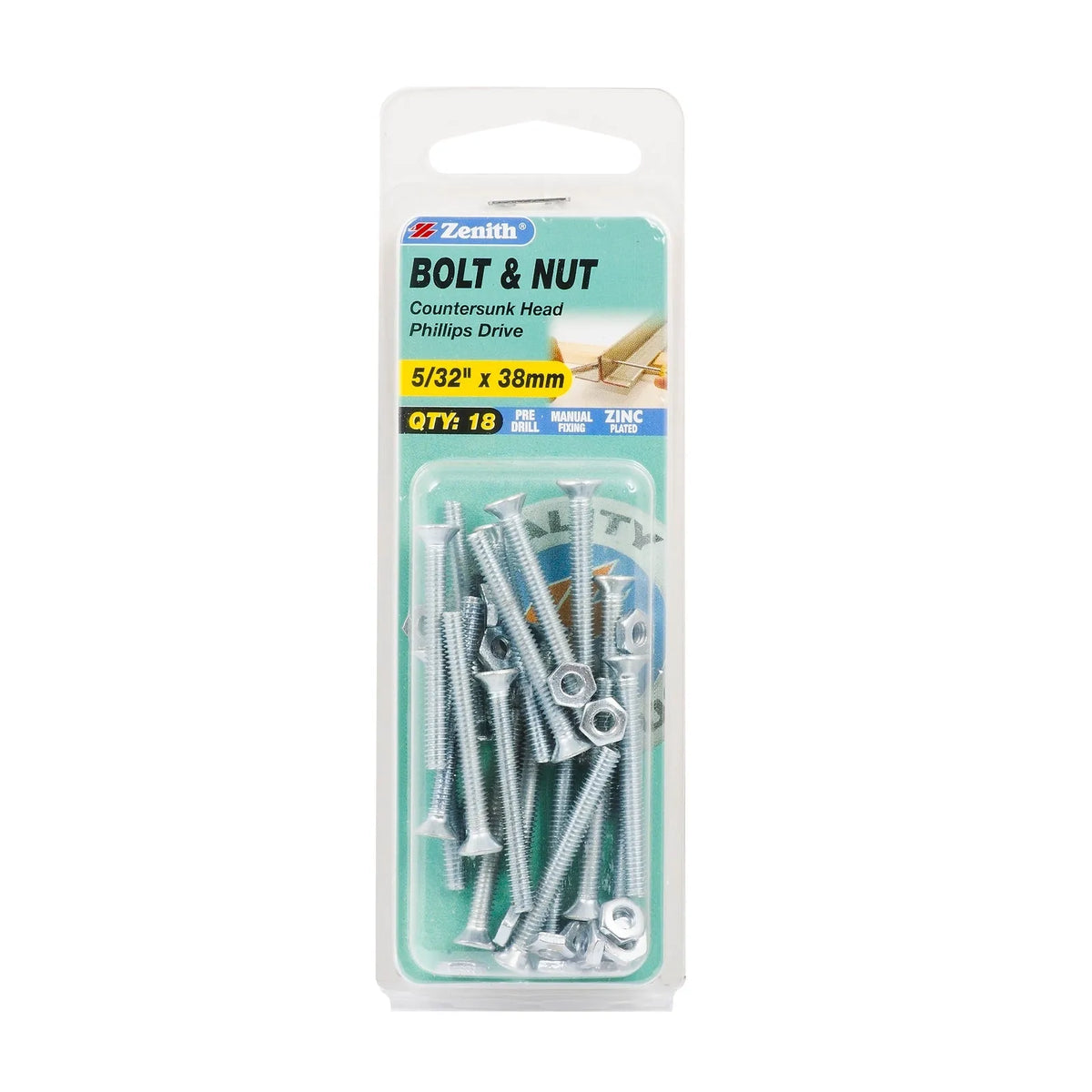 Zenith 5/32" x 38mm ZP Countersunk Bolt & Nut - 18 Pack