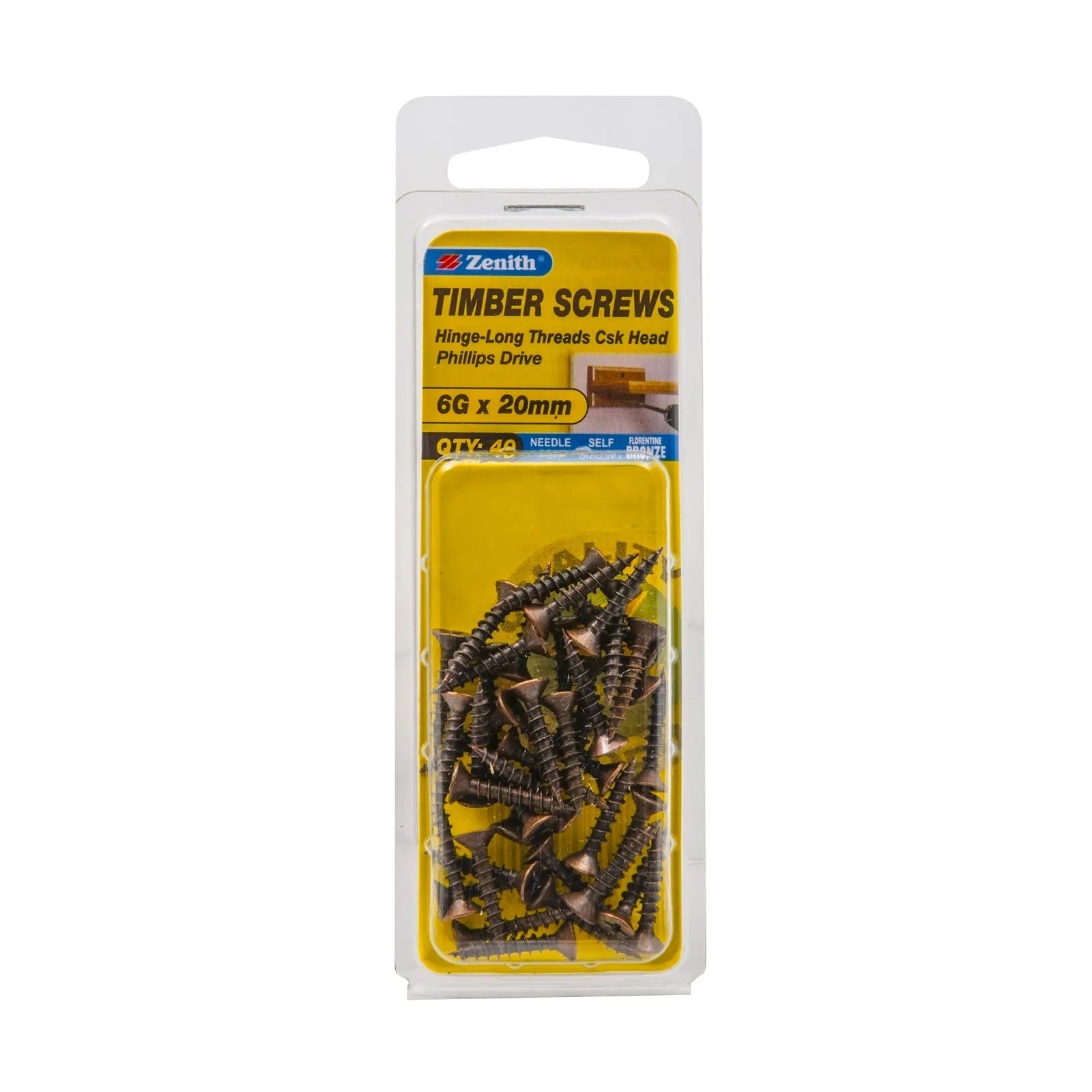 Zenith 6G x 20mm Florentine Bronze Hinge-Long Threads Countersunk Head Timber Screws - 40 Pack
