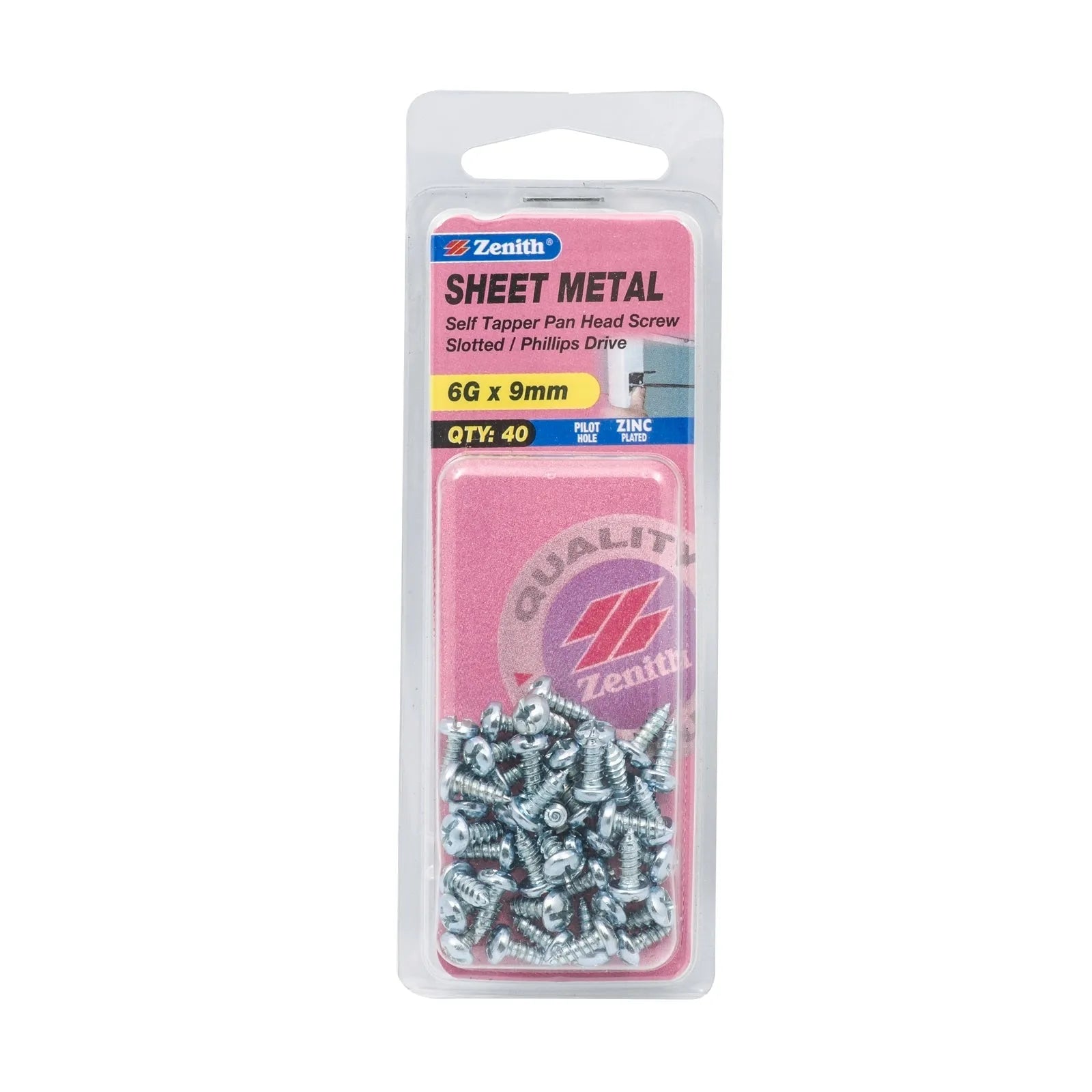 Zenith 6G x 9mm ZP Self Tapper Pan Head Sheet Metal Screws - 40 Pack