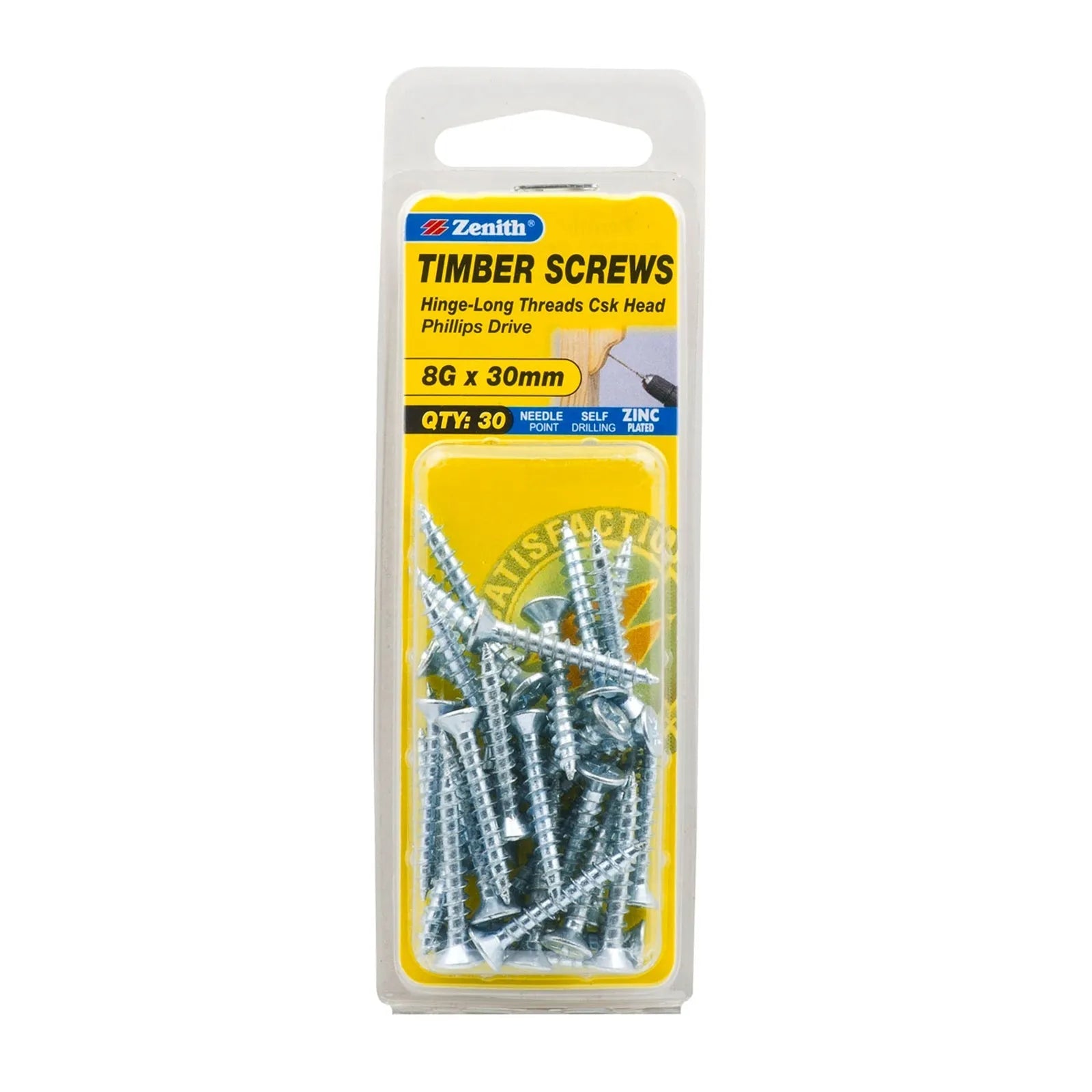 Zenith 8G x 30mm ZP Hinge-Long Threads Countersunk Head Timber Screws - 30 Pack