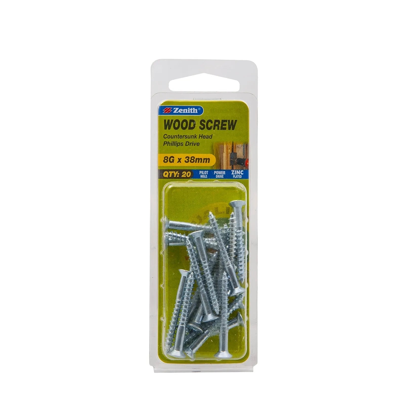 Zenith 8G x 38mm ZP Countersunk Head Wood Screws - 20 Pack