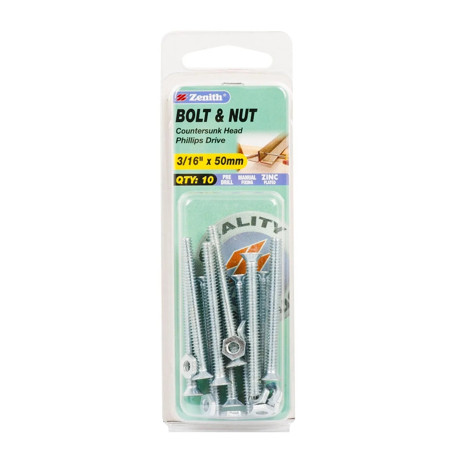 Zenith Bolt & Nut CSK ZP 3/16" x 50mm - 10 Pack