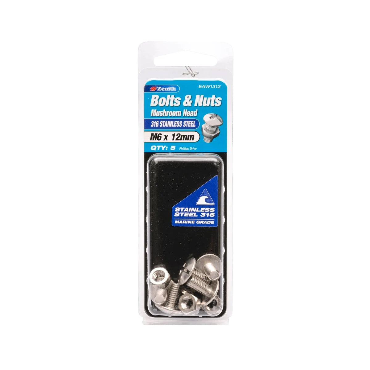 Zenith Bolt & Nut Mushroom Head SS316 M6 x 12mm - 5 Pack