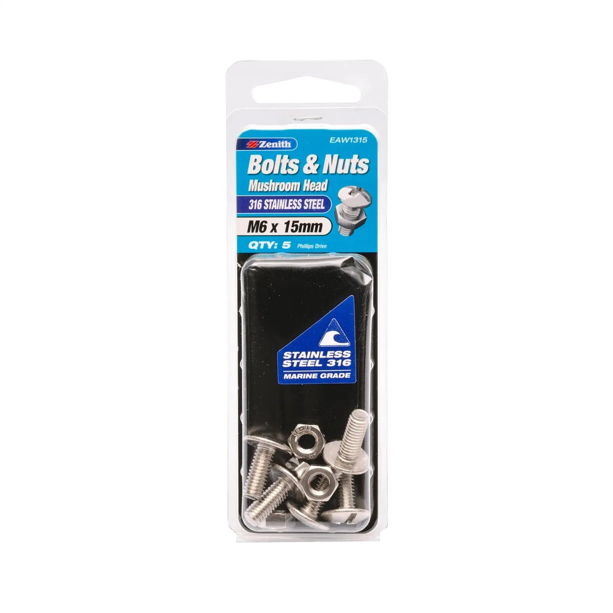 Zenith Bolt & Nut Mushroom Head SS316 M6 x 15mm - 5 Pack