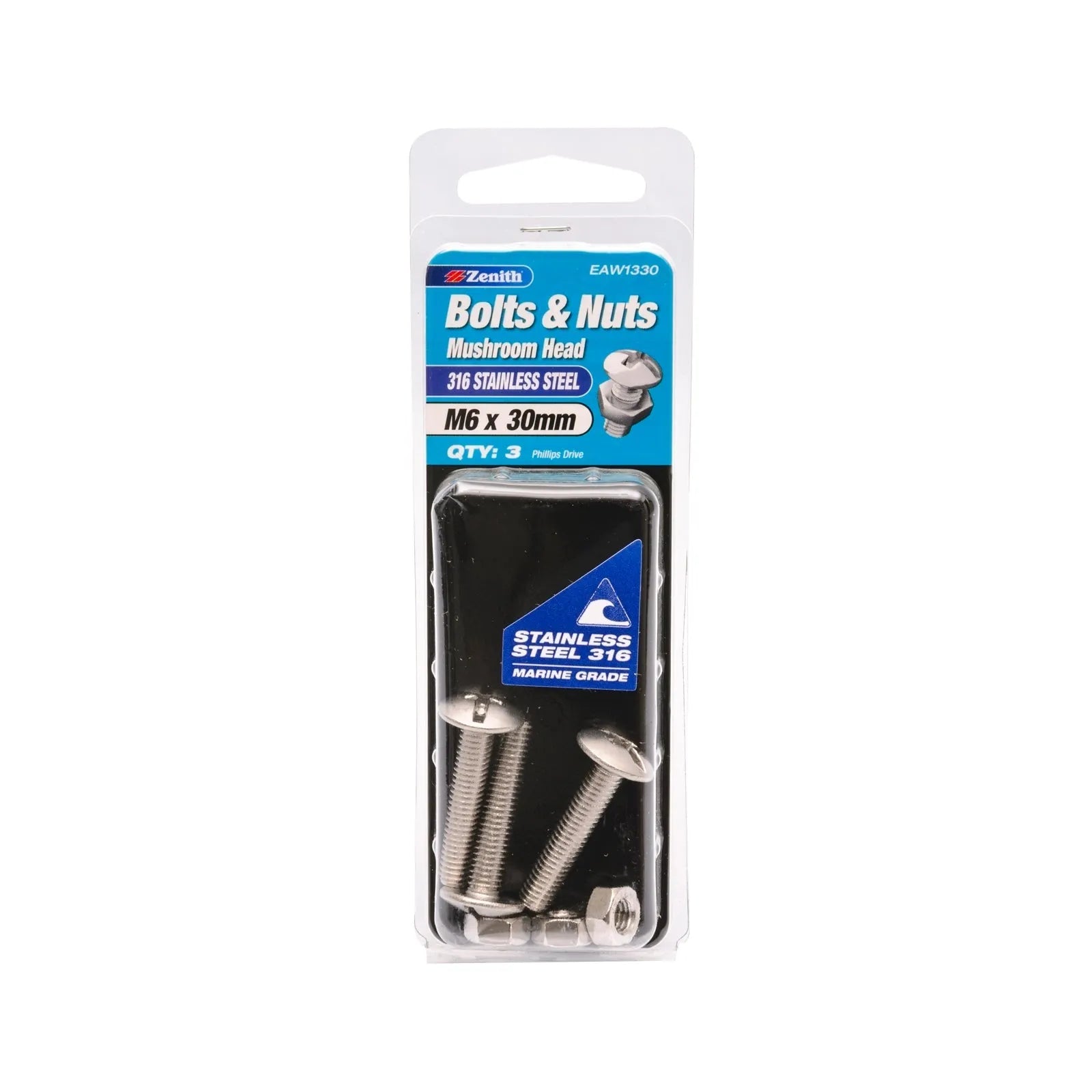 Zenith Bolt & Nut Mushroom Head SS316 M6 x 30mm - 3 Pack