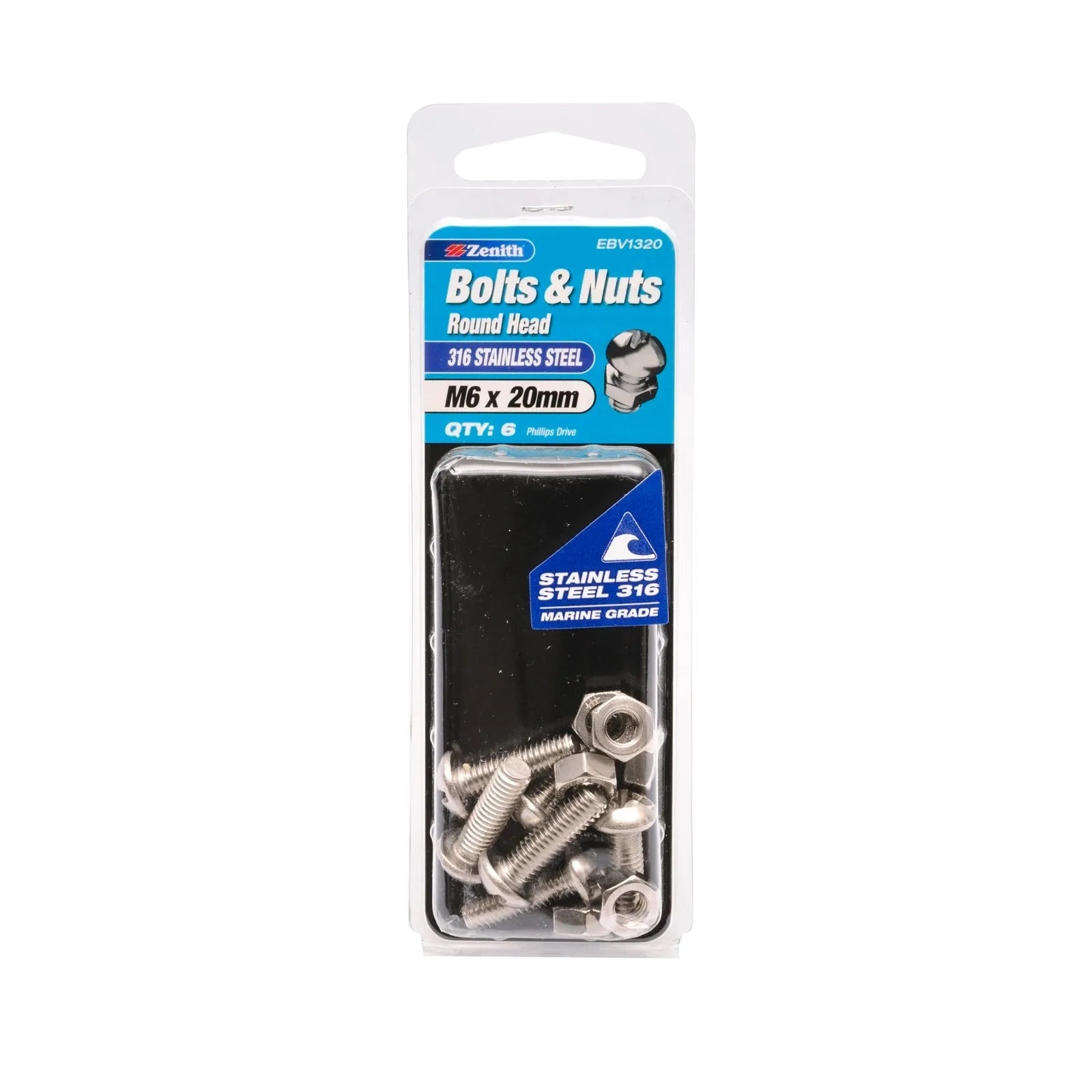 Zenith Bolt & Nut Round Head SS316 M6 x 20mm - 6 Pack