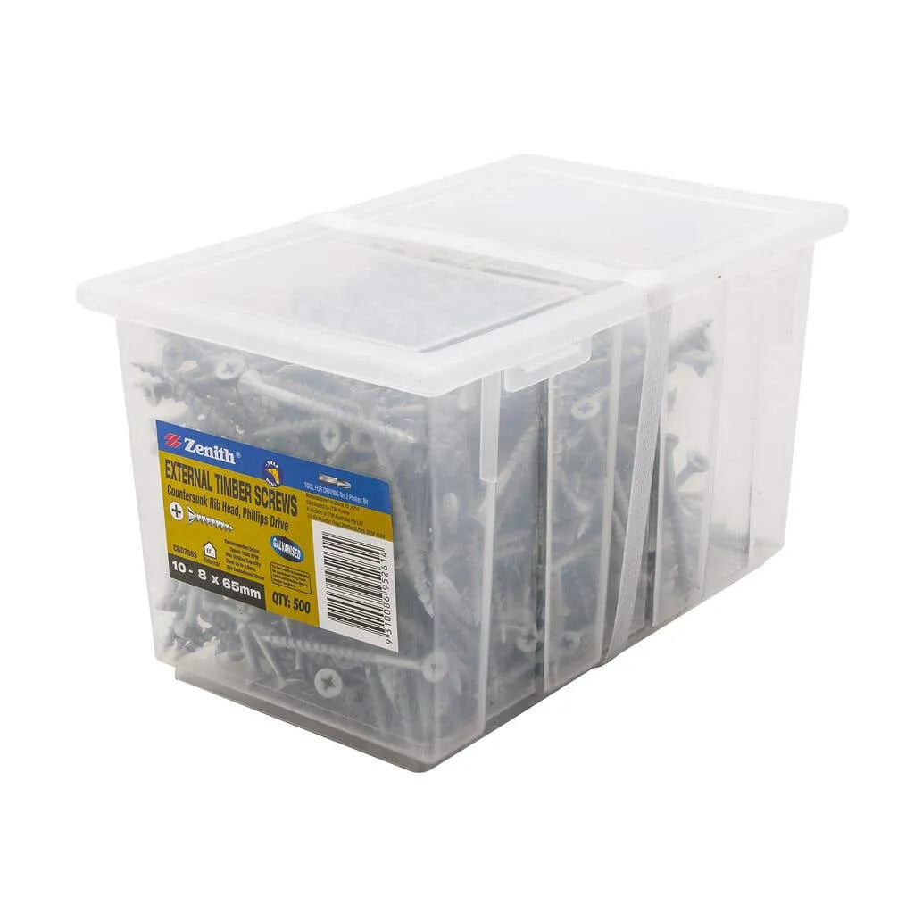 Zenith External Timber Screws Countersunk Rib Head 10-8 x 65mm - Box of 500