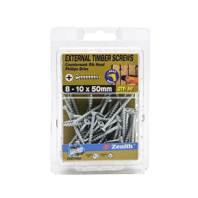 Zenith External Timber Screws Galv 8G x 50mm - 50 Pack