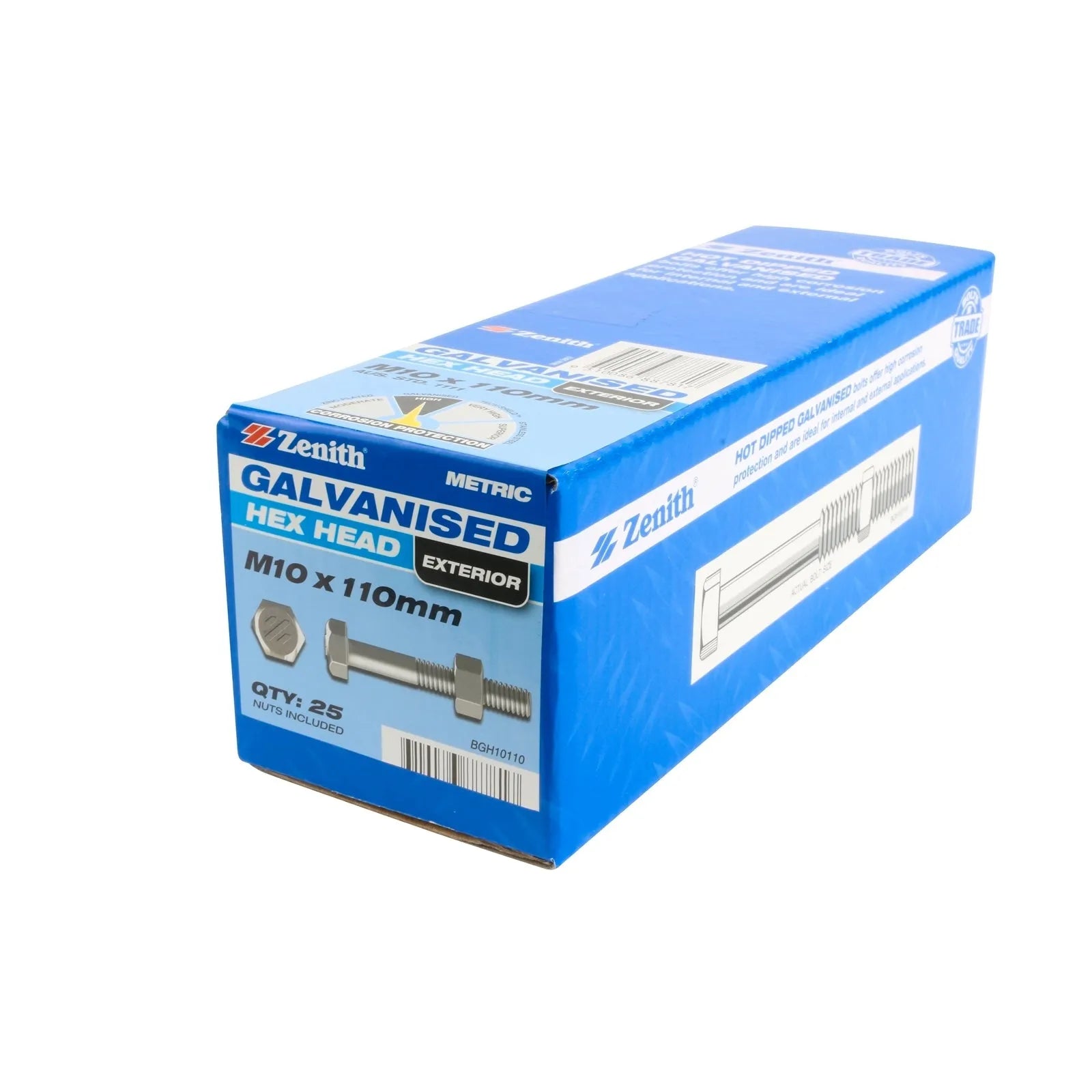 Zenith M10 x 110mm Hot Dipped Galv Hex Head Bolt & Nut - 25 Pack