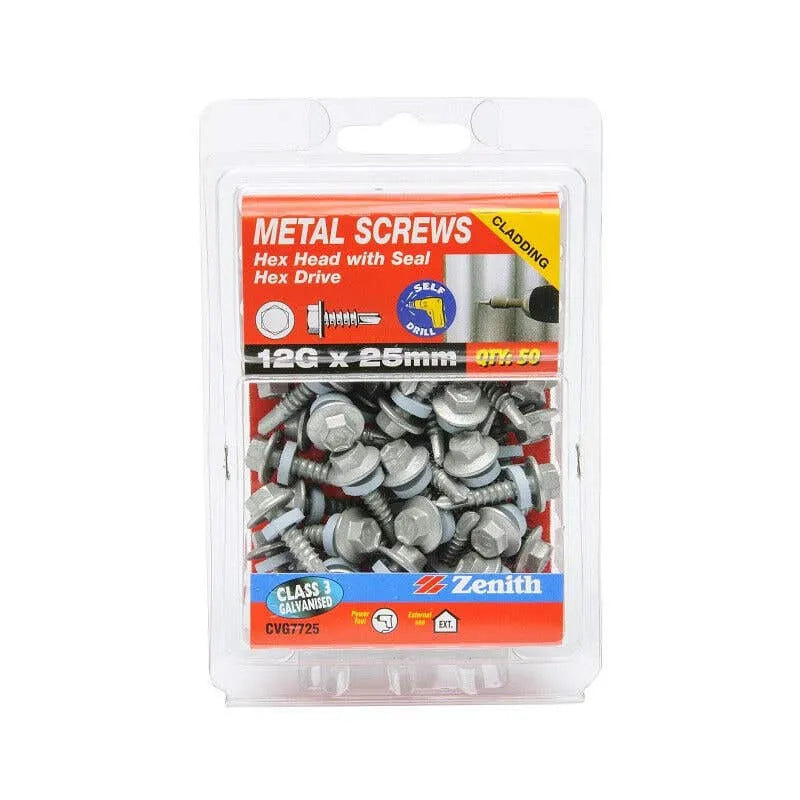 Zenith Metal Screws Hex Head with Seal Galv 12G x 25mm - 50 Pack