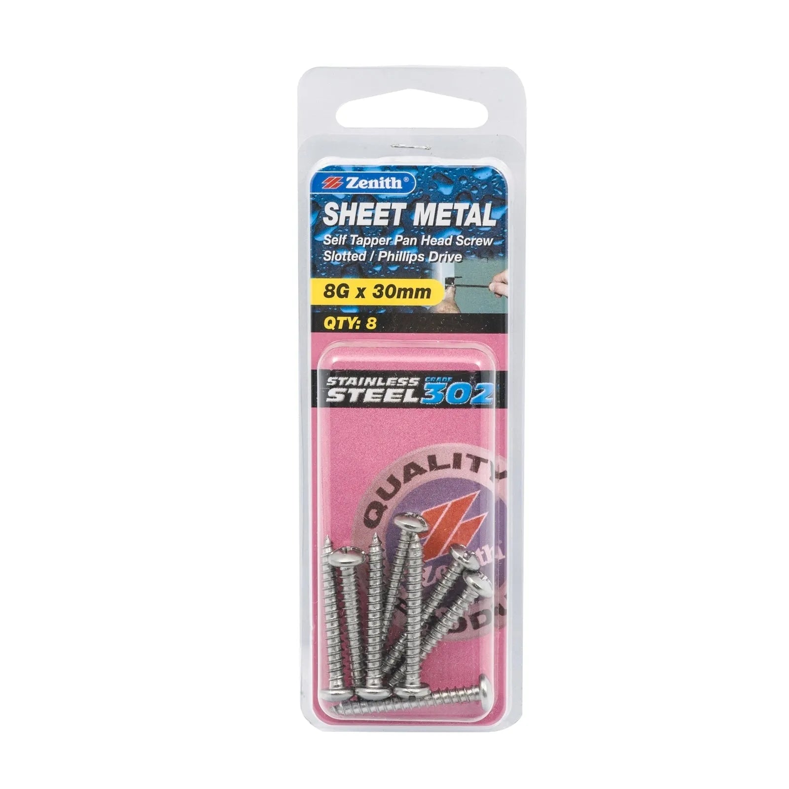 Zenith S/S Screw CSK 8G x 30mm (8pk)