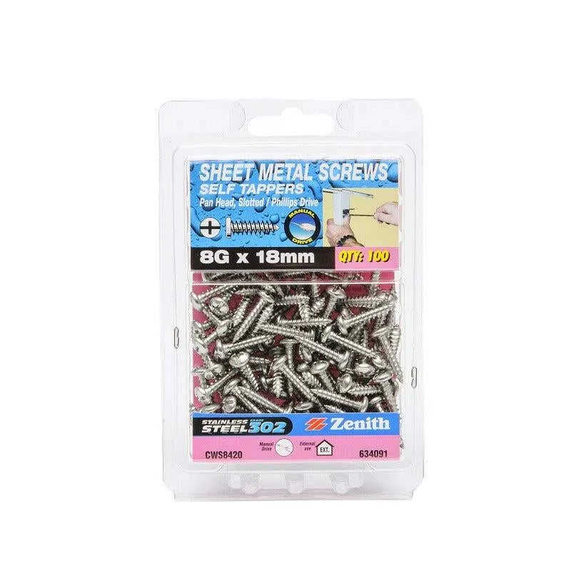 Zenith Self Tapping Screws Pan Head Stainless Steel 8G x 18mm - 100 Pack