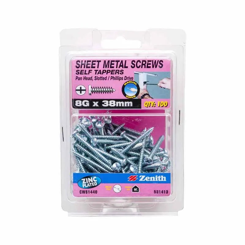 Zenith Self Tapping Screws Pan Head ZP 8G x 38mm - 100 Pack