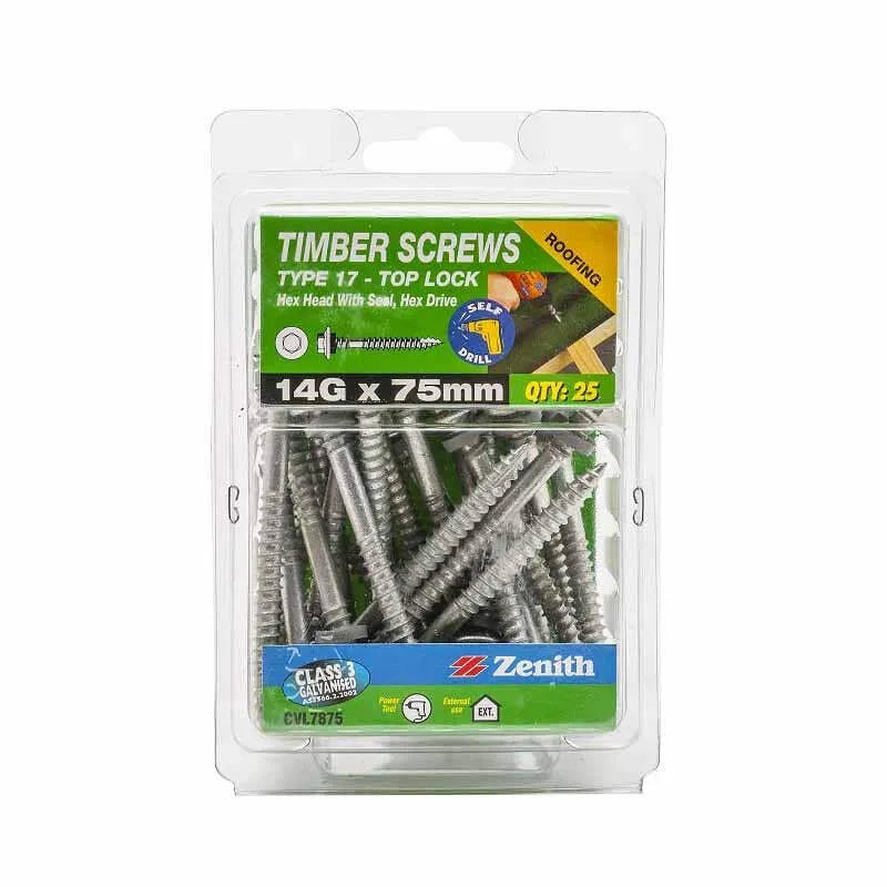 Zenith Timber Screws Top Lock with Seal Galv 14G x 75mm - 25 Pack