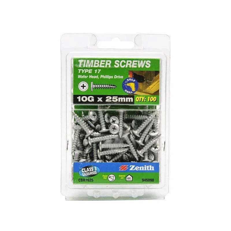 Zenith Timber Screws Wafer Galv 10g x 25mm - 100 Pack