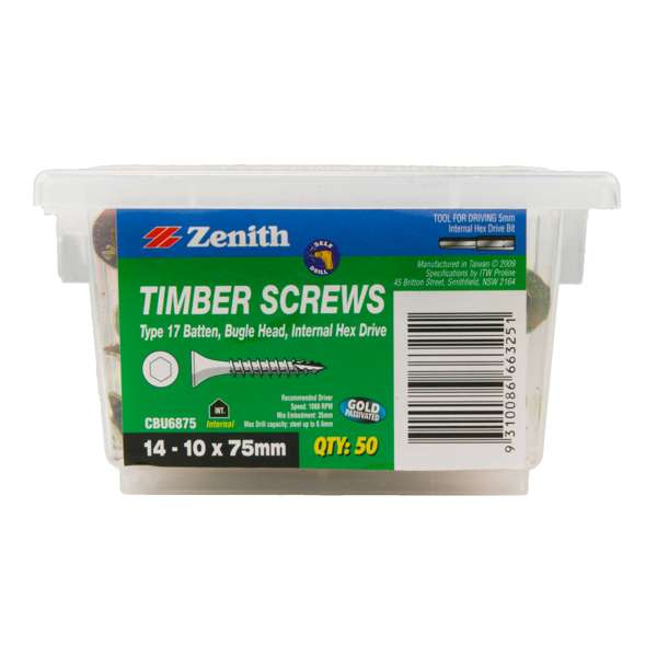 Zenith Screw Bugle Batten T17 14-10 x 75mm Gold Passivated Poly50