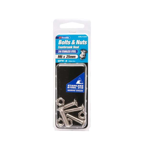 Zenith M6 x 25mm 316 Stainless Steel Countersunk Head Bolt & Nut - 4 Pack