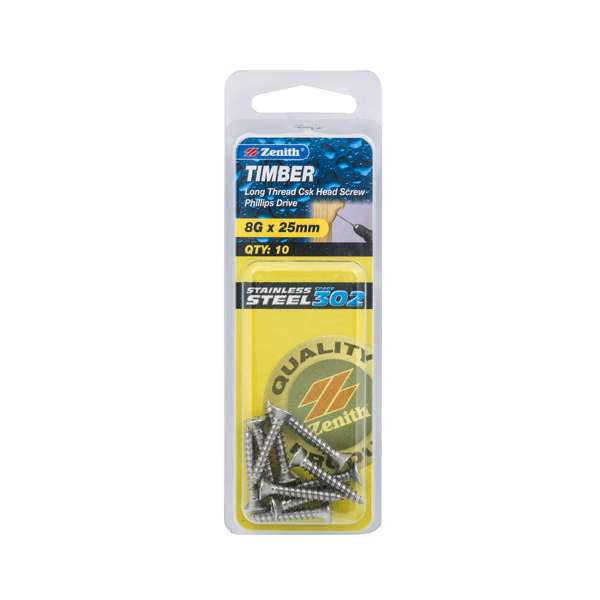 Zenith S/S Screw CSK 8G x 25mm (10pk)