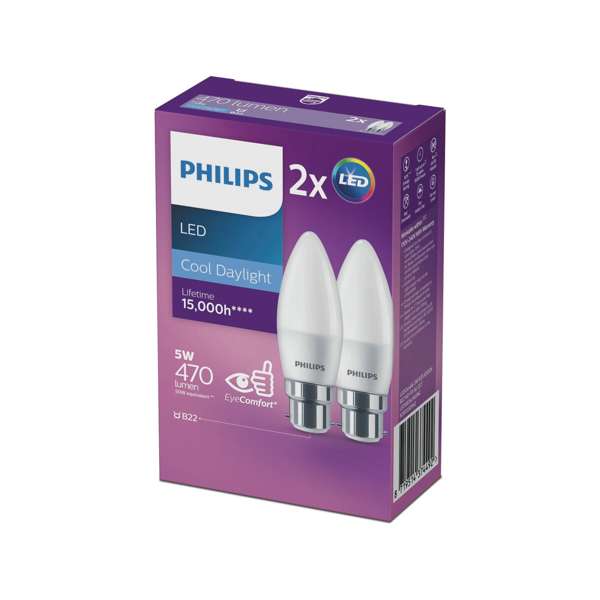 Philips Globe LED Candle 5W BC 470Lm Cool Daylight - 2 Pack