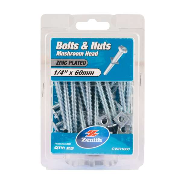 Zenith Bolt & Nut Mushroom Zinc Plated 1/4" x 60mm - 25 Pack