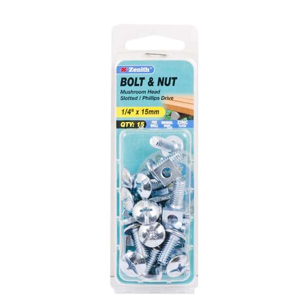 Zenith 1/4" x 15mm Zinc Plated Mushroom Head Bolt & Nut - 15 Pack