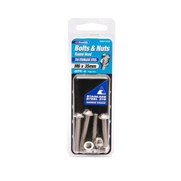 Zenith M6 x 35mm 316 Stainless Steel Round Head Bolt & Nut - 4 Pack