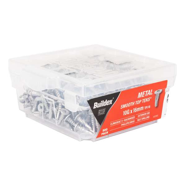 Buildex 10G x 16mm Smooth Top Tek Screws - 500 Box