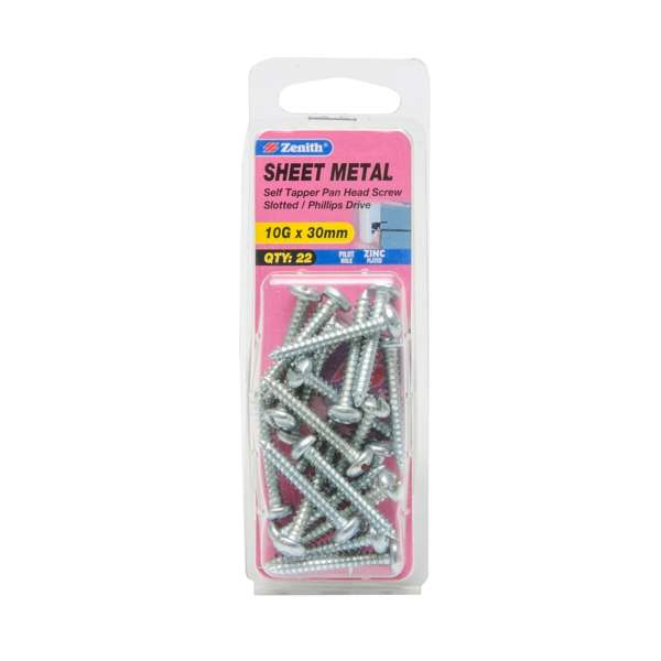 Zenith 10G x 30mm Zinc Plated Self Tapper Pan Head Screws - 22 Pack