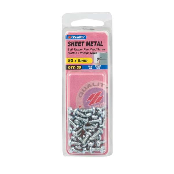 Zenith 8G x 9mm Zinc Plated Self Tapper Pan Head Sheet Metal Screws - 35 Pack