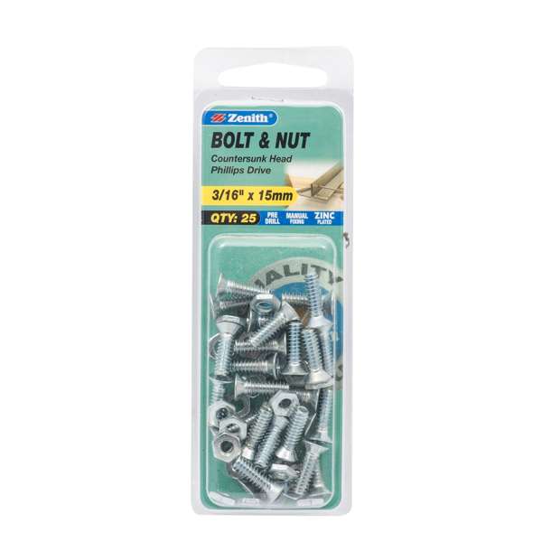 Zenith 3/16" x 15mm Zinc Plated Countersunk Bolt And Nut - 25 Pack