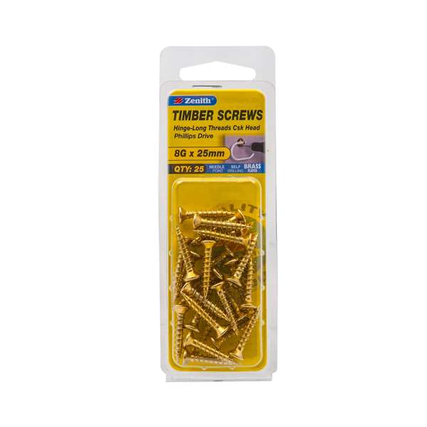 Zenith 8G x 25mm Brass Plated Hinge-Long Threads Countersunk Head Timber Screws - 25 Pack