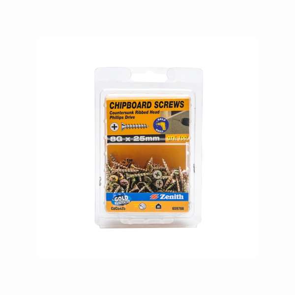 Zenith Chipboard Screw Philips Drive Gold Passivated 8G x 25mm - 100 Pack