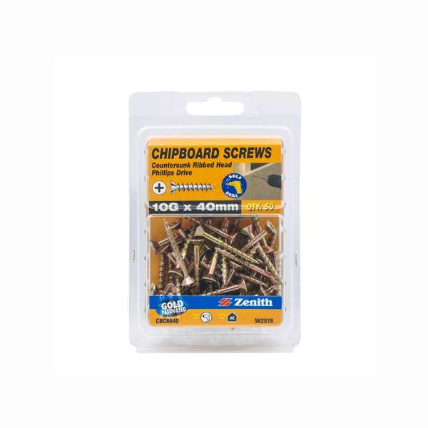 Zenith Chipboard Screw Philips Drive Gold Passivated 10G x 40mm - 50 Pack