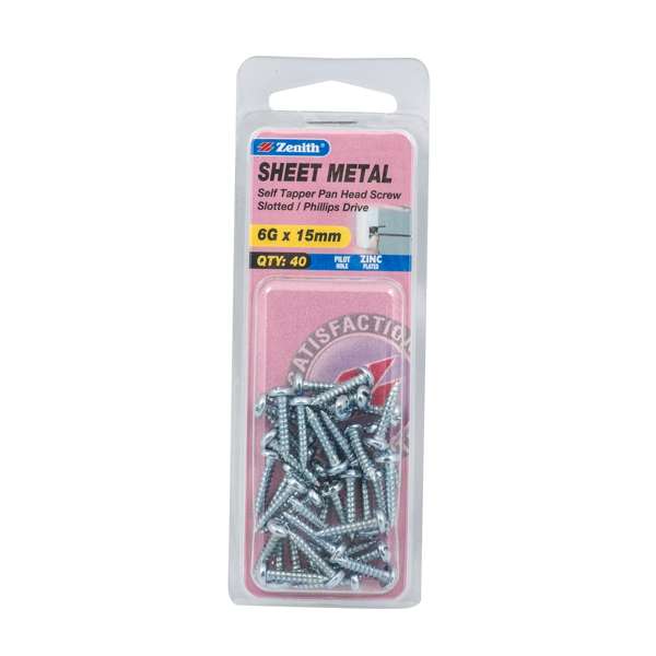 Zenith 6G x 15mm Zinc Plated Self Tapper Pan Head Sheet Metal Screws - 40 Pack