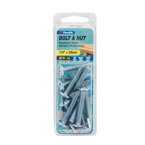 Zenith 1/4" x 38mm Zinc Plated Mushroom Head Bolt And Nut - 10 Pack