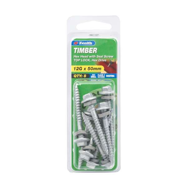 Zenith 12g x 50mm Galvanised Top Lock Hex Head With Seal Timber Screws - 8 Pack