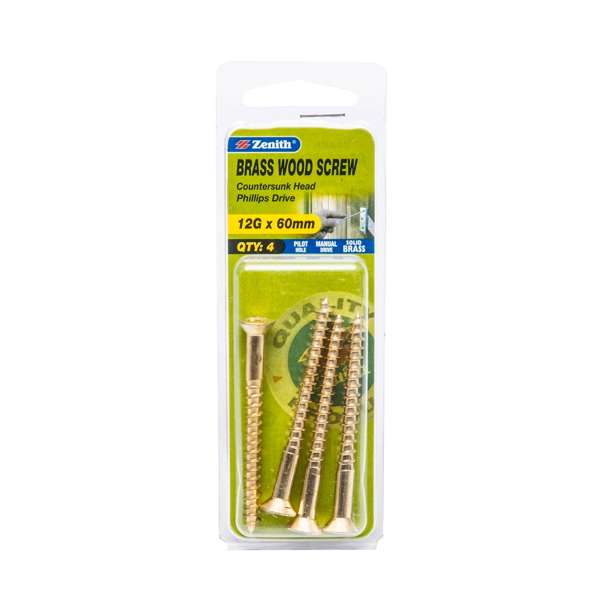 Zenith 12G x 60mm Solid Brass Countersunk Head Wood Screws - 4 Pack