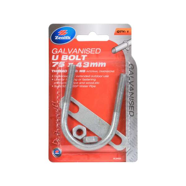 Zenith M8 x 75 x 43mm Galvanised U-Bolt