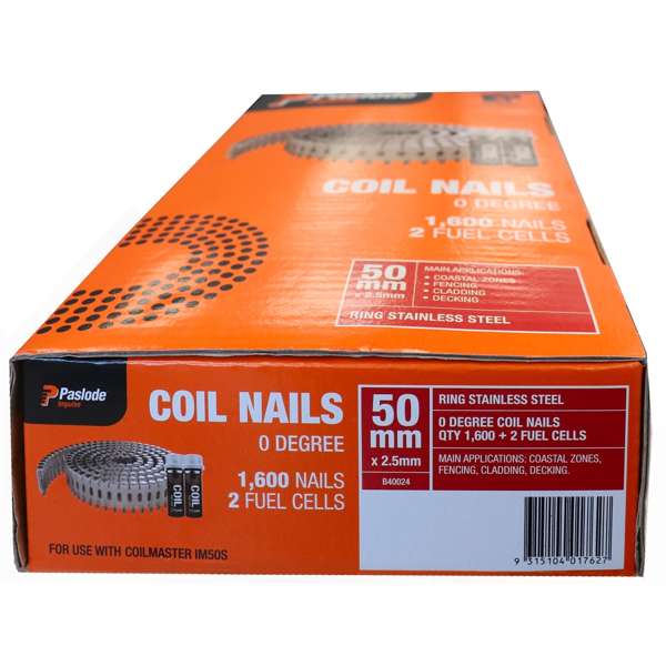 Paslode 50 x 2.5mm Impulse Stainless Steel Ring Shank Coil Nails - 1600 Box