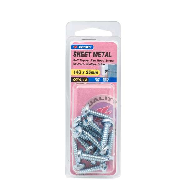 Zenith 14G x 25mm Zinc Plated Self Tapper Pan Head Screws - 12 Pack