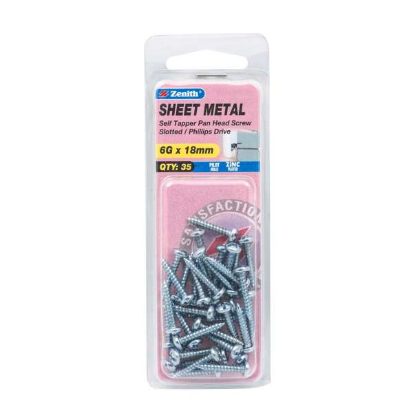 Zenith 6G x 18mm Zinc Plated Self Tapper Pan Head Sheet Metal Screws - 35 Pack