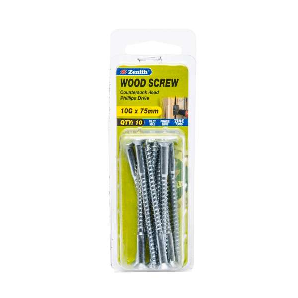 Zenith 10G x 75mm Zinc Plated Countersunk Head Wood Screw - 10 Pack