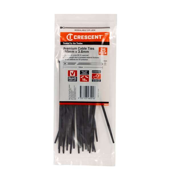 Crescent Cable Ties Black 150 x 3.6mm - 25 Pack